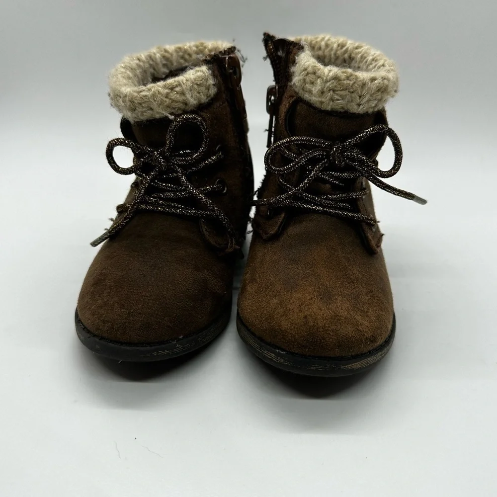 Toddler Ankle Slightly Distressed Brown Lace Up Side Zip & Buckle Knit Top Boots